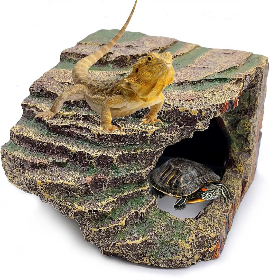 kathson Small Turtles Basking Platform,Resin Reptile Hideouts Cave Habitat Decor,Tortoise Hide Cave with Climbing Ramp Step,Bearded Dragons Hide Basking Rocks Accessories for Lizard,Gecko,Frog