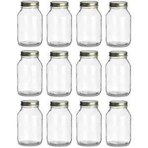 North Mountain Supply 32 Ounce Quart Glass Regular Mouth Mason Canning Jars - With Gold Safety Button Lids - Case of 12