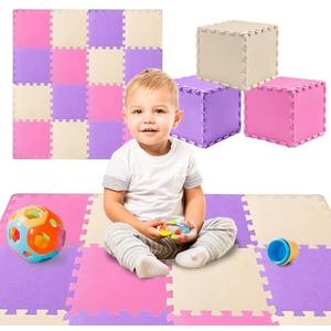 TOYVELT 16-Pack 12x12 Foam Puzzle Floor Mat for Kids - Interlocking EVA Play Mats with Colors - Educational, Non-Toxic Flooring for Crawling, Playroom & Nursery (Pink/Purple/Beige)