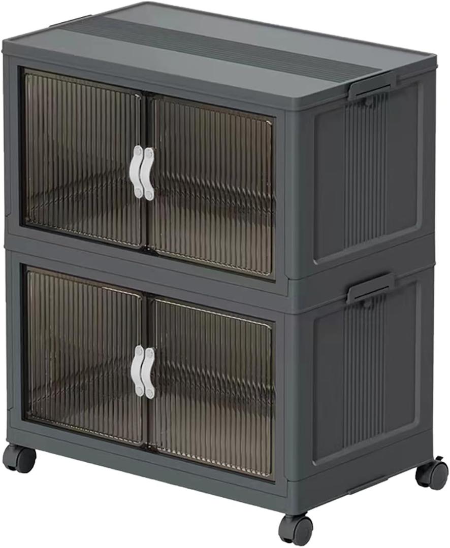 Stackable Storage Bins, Plastic Collapsible Storage Bins with Lid and Wheels, Folding Closet Organizer Clear Doors, Foldable Cabinet Storage Boxes for Home, Pantry, Office, Dorm (M, Gray 2-Tier)