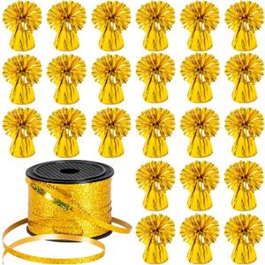 24 PCS Balloon Weights Metallic Anchor, Balloon Holder Heavy Weights with and 1 Roll Iridescent Crimped Ribbon for Balloons Table Party Favor Birthday Decor(Gold)
