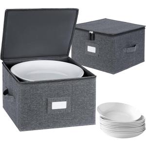 Popoly China Storage Containers Hard Shell Inside 12" W x 8" H, Dinner Plate Storage Containers for Dishes, Dinnerware with 24 Felt Dividers, Hold 24 Plates, Storage Stackable (2 Pack Grey)