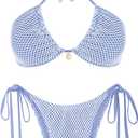 ZAFUL Women's Bikini Set Fishnet Triangle Tie Convertible Collar Halter Bandeau Shell Two Piece Bathing Suit (Medium, Blue)