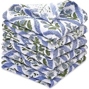 Ridhi Light Steel Blue Hand Block Print Cotton Waffle Dish Cloth Set of 6-12x12 Inch Super Absorbent, Soft, Reusable Kitchen Towels for Dish Drying Cleaning, Ideal for Spring, Easter, Valentine