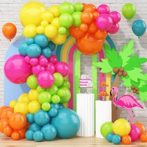 141 Pcs Rainbow Neon Balloon Arch Kit, Hot Pink Lime Green Orange Slate Blue Yellow Latex Hawaii Summer Tropical Balloon Garland for Hawaiian Luau Aloha Birthday Baby Shower Pool Party Decorations, 5 Inch / 10 Inch / 18inch