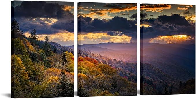LevvArts Great Smoky Mountains Picture Wall Art Colorful Autumn Sunset Forest Landscape Photo Painting Artwork Stretched and Framed for Living Room Bedroom (Medium)