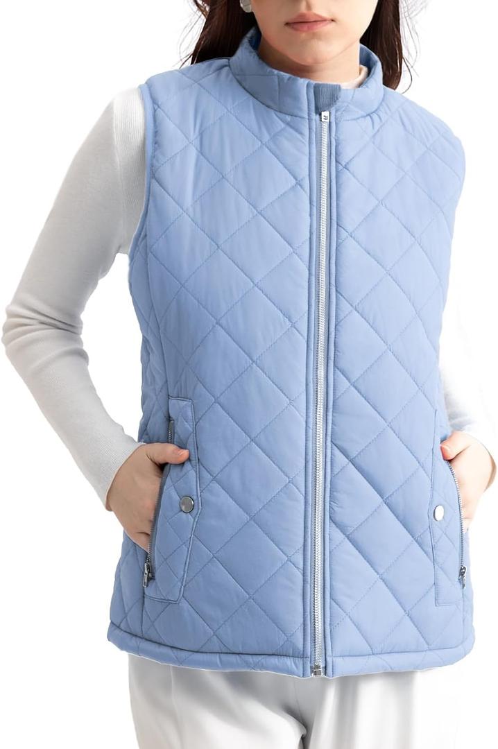 Women's Vest, Quilted Puffer Water-Resistant Zip With Pockets (Blue, XL)