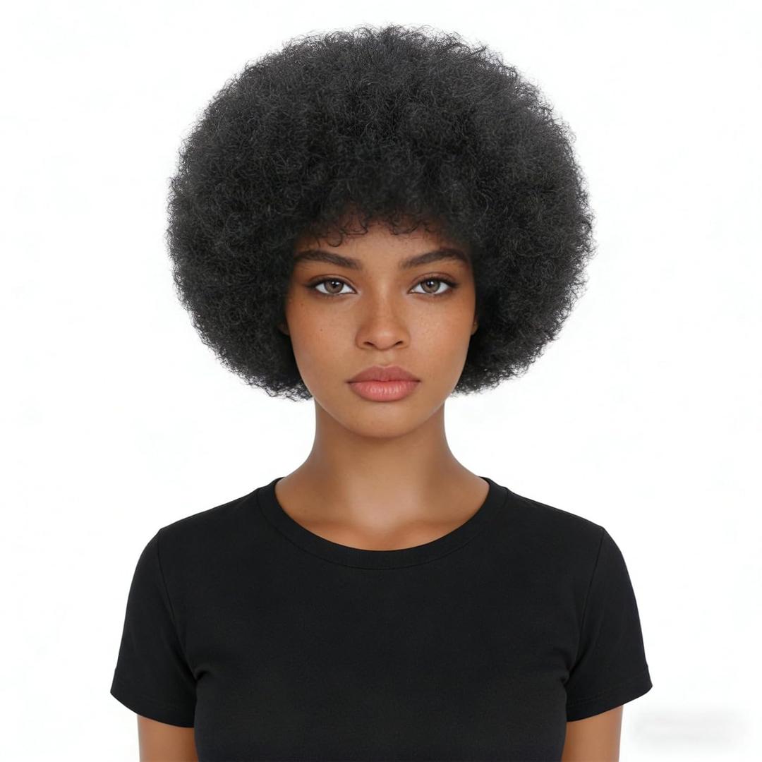 Afro Wig - Short Afro Wigs for Black Women, Wear and Go 70s Wig for Women, Machine Made Short Wigs Human Hair Natural Color 1B