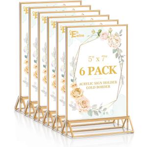 EHWINE 6 Pack Acrylic Sign Holder 5 x 7, Double Sided Gold Picture Frame Stand up Table Top Sign Holders, Clear Display Stand Menu Flyer Holder for Wedding Party