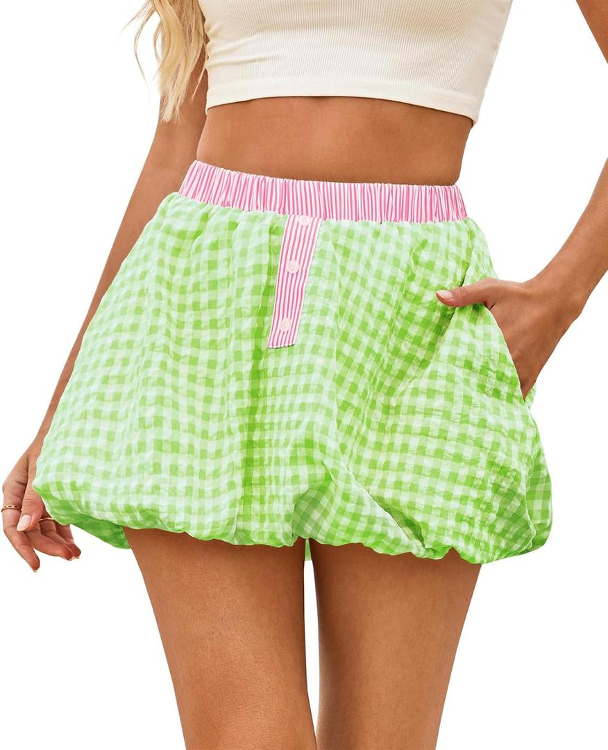 Wenrine Womens Gingham Bubble Mini Skirts Striped Elastic Waist Cute Y2K Skorts Plaid Summer Beach Skirt (Green)