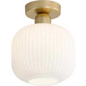 KCO Lighting Mid Century Modern Antique Brass Flush Mount Ceiling Light Brushed Gold Milk Glass Semi Flush Mount Ceiling Light Farmhouse Hallway Globe Ceiling Light Fixture, 10.4 inches x 7.8 inches