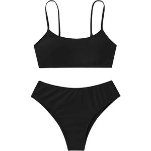 SHENHE Girl's 2 Piece O Ring Bikini High Waisted Spaghetti Strap Cute Swimsuit Bathing Suit (Size 13 Years, Black)