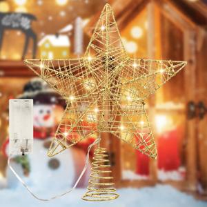 CALCHELE 10Inch Christmas Tree Topper Star with LED Lights, Tree Toppers Christmas Tree Decoration, Glittered Metal Christmas Star for Christma Tree Ornament Decor