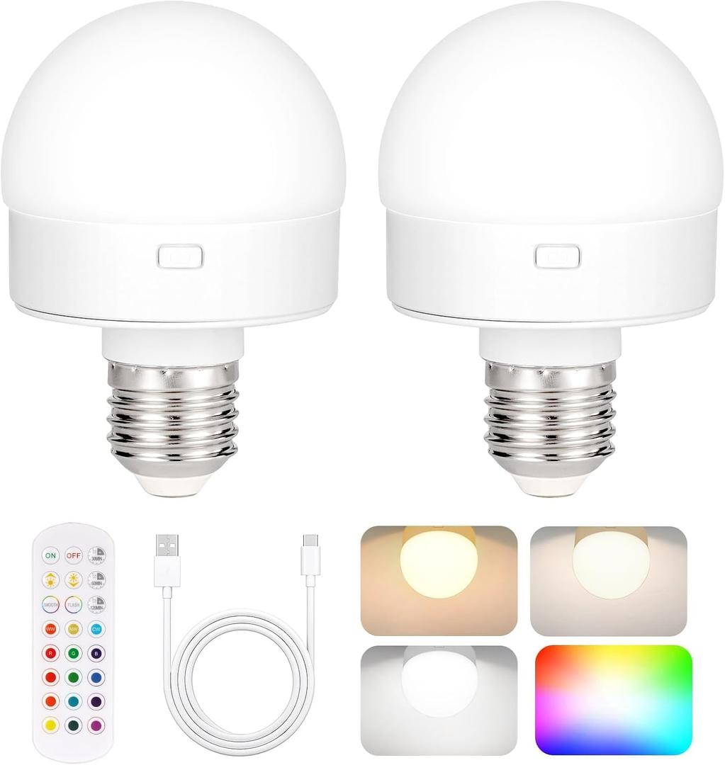 Yochoice Rechargeable Battery Operated Light Bulb with Remote & Timer, Dimmable Backup Magnetic LED Bulb with 15 Colors, Wireless Puck Light Bulb for Wall Sconce Lamps, Non-Hardwired, 2-Pack