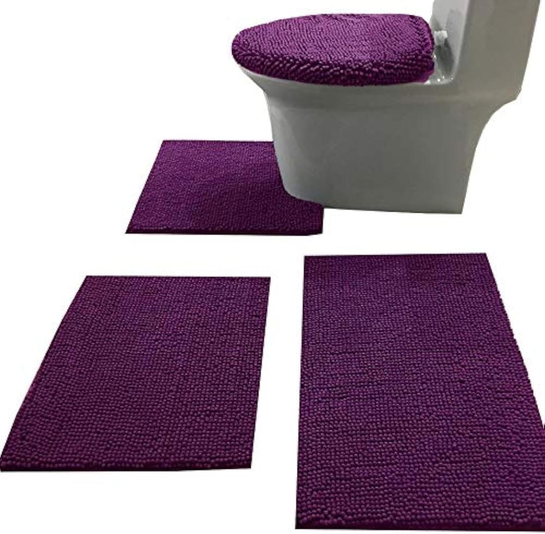 Madeals Bath Rug Set 4 Piece with Toilet Lid Cover and Rug Set Combo, Soft Shaggy, 3 Piece and U-Shaped Toilet Floor Rug Purpal