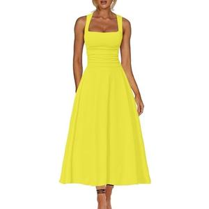 Kaximil Women's Square Neck Corset A Line Maxi Dress Ruffle Ruched Waist Flowy Long Dresses S, Yellow