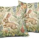 Spring Summer Pillow Covers 16x16 Inch Set of 2 Easter Bunny Floral Cotton Linen Decorative Throw Pillow Case Rabbit Flower Botanical Plant Cushion Cover for Bedroom Sofa Living Room Chair Home Decor