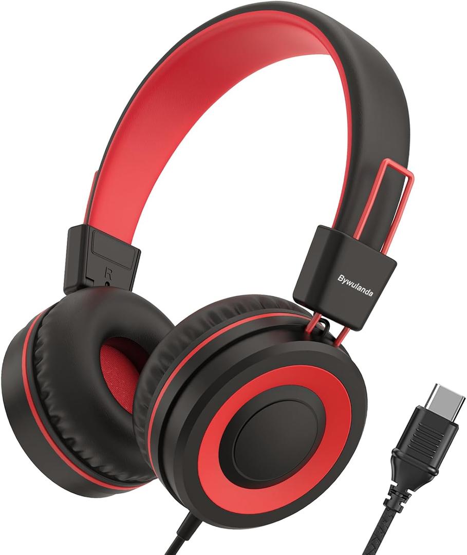 Bywulanda Upgrade USB Type C Kids Headphone for School, 94dB Safe Volume Limited, HD Stereo Sound, Foldable Lightweight On-Ear Headphones for Boys/Girls/Students/Tablet/Travel (Red Black)