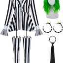 Women Black and White Striped Blazer with Legging Pants Tie Wig Earrings Halloween Costumes Cosplay Role Play Suit (Large)