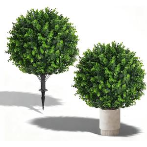 2 Pack 25" Artificial Eucalyptus Topiary Ball Tree for Outdoors Faux Evergreen Shrubs Plants with Ground Spike UV Resistant Fake Bushes Ball Trees for Outdoor Indoor Home Porch Patio Decoration