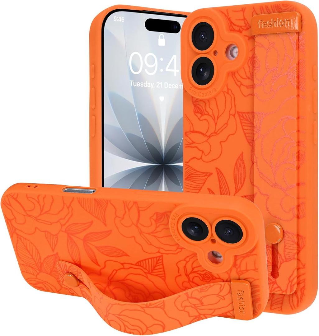 OOK Compatible with iPhone 17 Flower Case with Wrist Strap, Orange Rose Floral TPU Shockproof Protection Slim Cover with Camera Protection for Women Girls, for 6.3inch