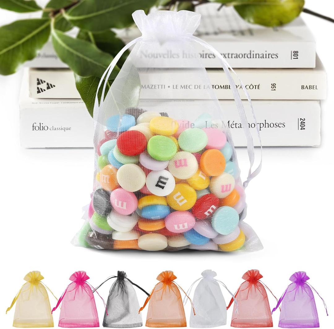 ANZNKU 50 Pack White Organza Bags 5 x 7 in, Small Mesh Gift Bags Bulk Drawstring for Wedding Favors, Gift Wrap Bag for Candy Jewelry Soap Makeup, Cute Goodie Bag Sachet for Party Favor & Easter Gifts