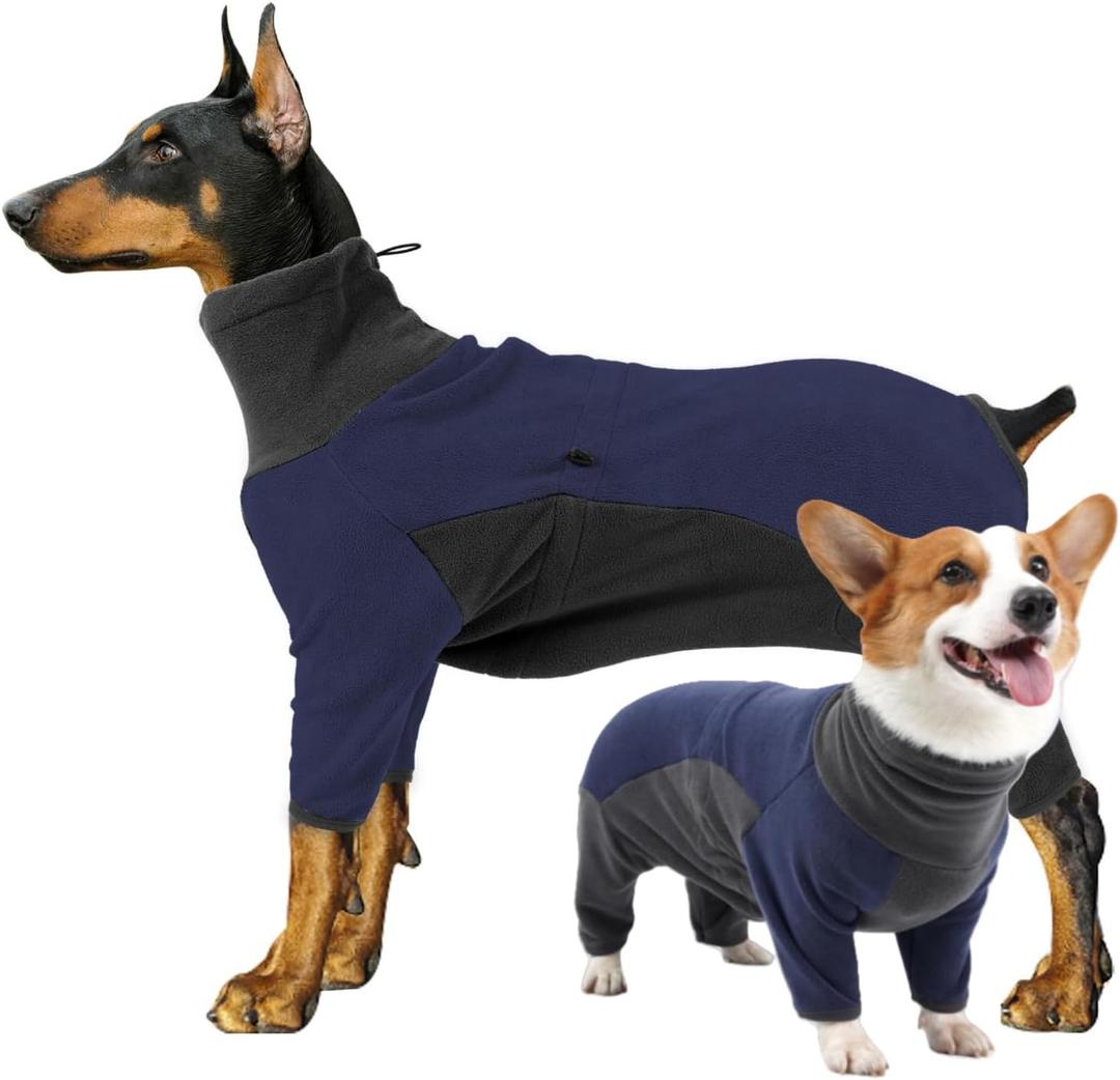 Winter Coat for Dogs - Soft Warm Pajamas, Windproof Fleece Sweatshirt, Cold Weather Clothes, High Neck Full Body Onesie for Walking, Hiking, Travel, Home Wear - Blue Grey S