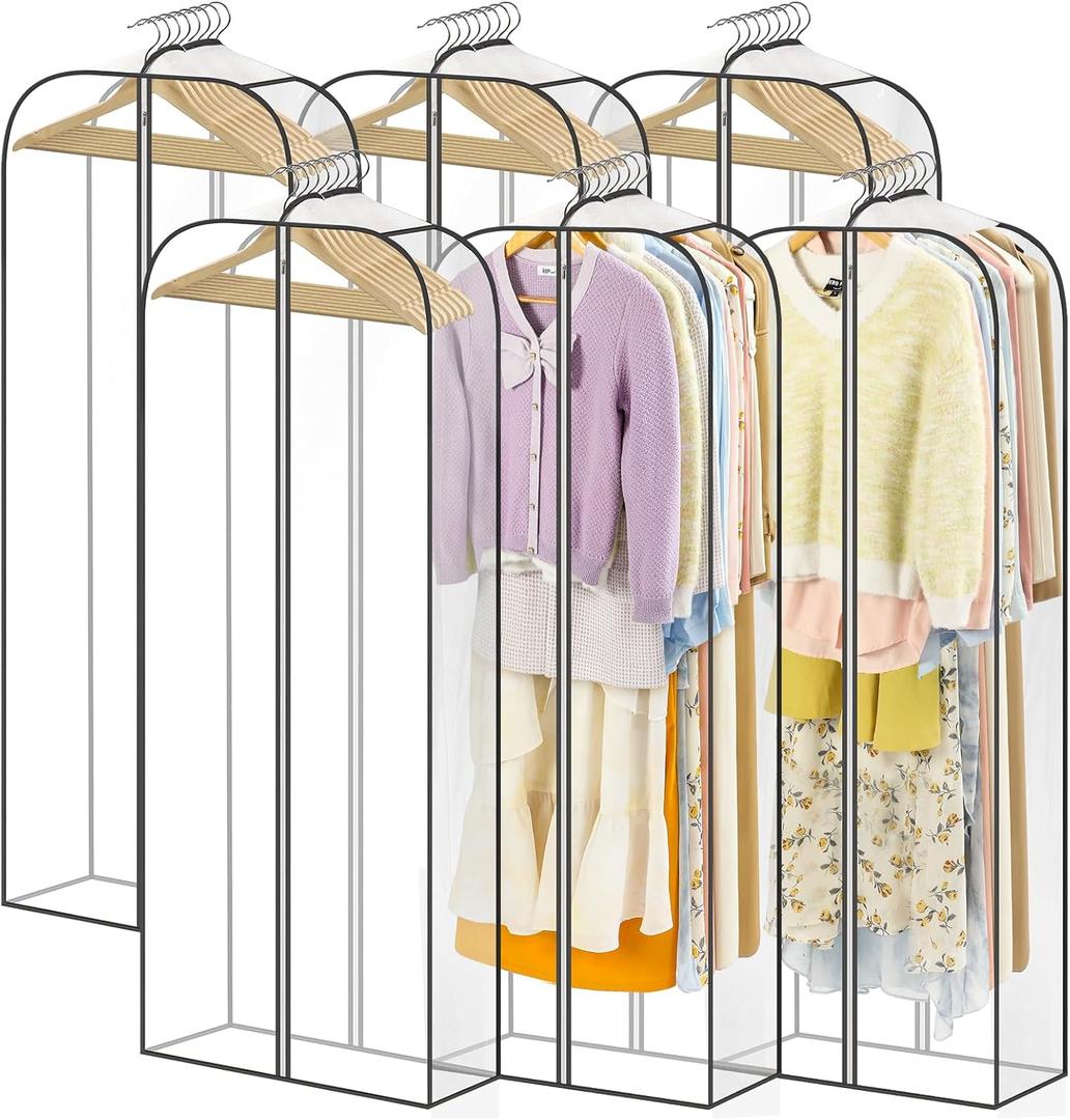 LANDNEOO 6 Pack Clear Garment Bags for Hanging Clothes with Zippers on Double Sides - 10'' Clothes Storage for Coat, Dress, and Fur in Closet - 60'' Long Suit Bags