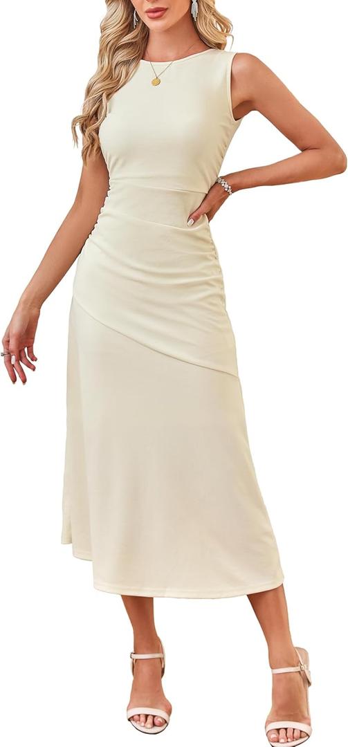 Kikibell Women's Cocktail Dresses Sleeveless Ruched Elegant Semi Formal Wedding Guest Prom Party Summer Maxi Dress (Large, Beige)
