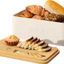FILWH Metal Bread Box with Bamboo Cutting Board Lid, Bread Box with Bread Knife for Kitchen Countertop Countertop Storage for Homemade Bread, Bagels & Muffins (White, M)