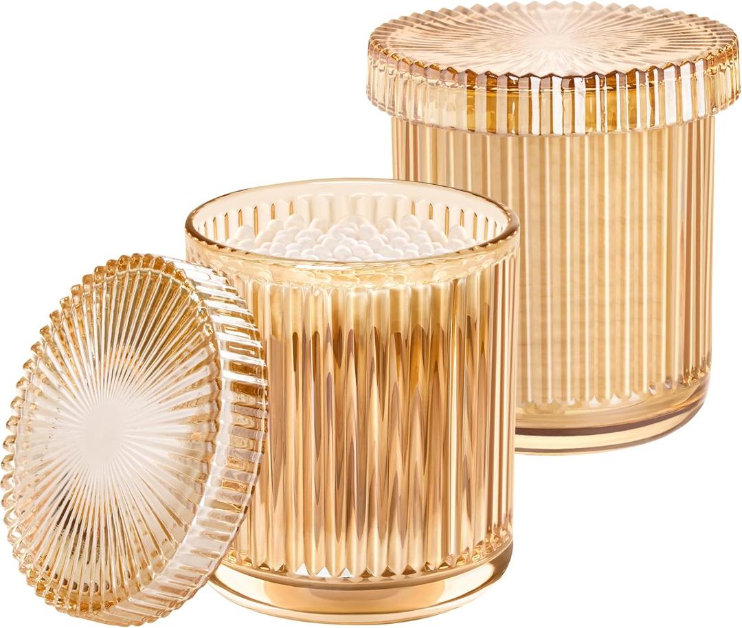 Bathroom Organizers and Storage,2 Pack Glass Qtip Holder Dispenser, Bathroom Essentials Accessories Decor, Vanity Makeup Storage Organizer for Cotton Swabs, Cotton Balls, Pads, Floss Picks (Amber)