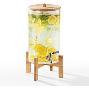 2 Gallon Glass Drink Dispenser with Stand, Beverage Dispenser with Wood Lid and Stainless Steel Spigot, Glass Water Dispenser for Parties, Ideal for Juice, Tea, Lemonade, and More