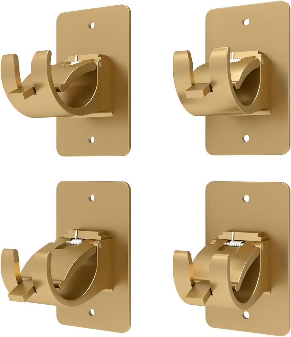 4 Pieces Self Adhesive Curtain Rod Bracket Universal Plastic Curtain Rod Holders, No Drill Curtain Rod Brackets Curtain Rod Hooks for Bathroom, Bedroom, Livingroom, Kitchen (Gold)