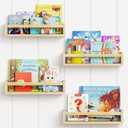 Forbena Natural Wood Nursery Book Shelves Wall Mounted, Floating Bookshelf for Kids Room, Toys and Books Storage Organizer Bookshelves for Toddler Child Bedroom Bathroom (4 Pack Natural Wood) (16.5 Inch)