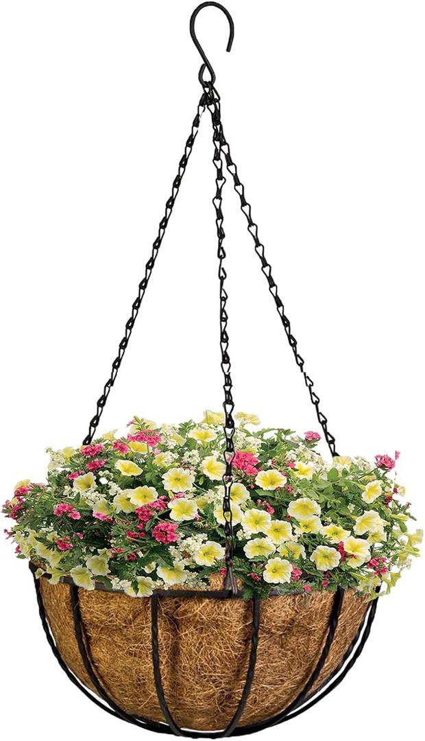 Kingbuy 10 Inch Metal Hanging Planter Basket with Coconut Liner Wire Plant Holder Watering Flower Baskets Round Pot Hanger Garden Decoration for Indoor Outdoor