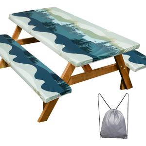 Picnic Table Cover with Bench Covers Camping Essentials Waterproof Windproof Camping Tablecloth with Drawstring Bag, Fitted Rectangle Tables and Seats, 72in, Green Blue