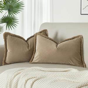 JUSPURBET Stone Decorative Lumbar Velvet Fringe Throw Pillow Covers 12x20 Set of 2 Boho Soft Cushion Case for Home Decor Living Room Couch Sofa Bed