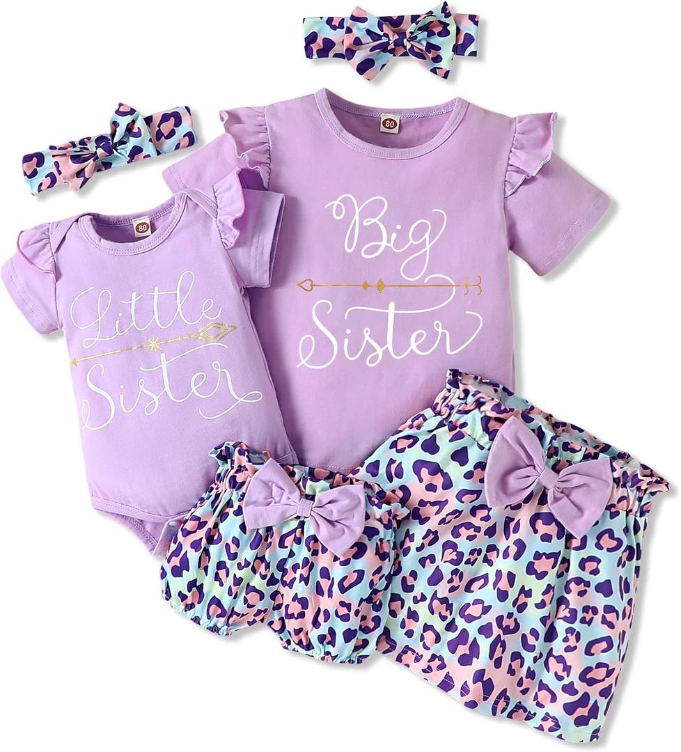 AMAWMW Big Sister Little Sister Matching Outfits Romper/Shirt+Shorts/Skirt+Headband Toddler Baby Girl Summer Clothes (5-6 Years, Big Sister, Purple)