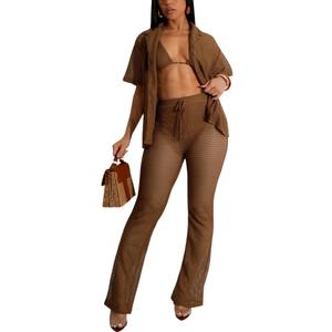 RomMoon Women's Fashionable 2-Piece Beach Ensemble-Hollow Out Button Top and Drawstring Pants, Lar