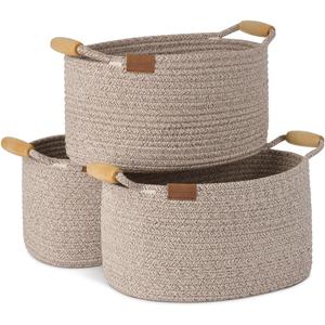 StorageWorks 13 Inch Rope Basket for Organizing, Cute Small Woven Baskets with Wooden Handles, Decorative Woven Storage Basket, Light Brown, 3-Pack