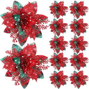 Canlierr 12 Pieces 5.7 Inch Christmas Poinsettia Flower Christmas Glitter Artificial Flower with Clips Xmas Tree Ornament for Wreath Garland Party Decor (Red Green with Snowflake)