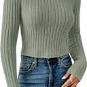 Women's Ribbed Knit Long Sleeve Crop Tops Crewneck Slim Fit Casual Tee Shirts Mint Green Small
