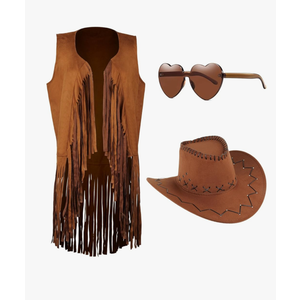 Cowgirl Outfits for Women 60s 70s Hippie Sleeveless Fringe Vest with Cowboy Hat and Sunglasses Halloween Costumes, Size Large