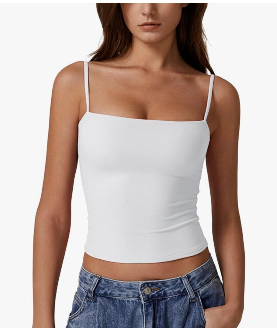 QINSEN Women's Double Lined Basic Tank Top Adjustable Spaghetti Straps Sleeveless Camisole Shirts Size M