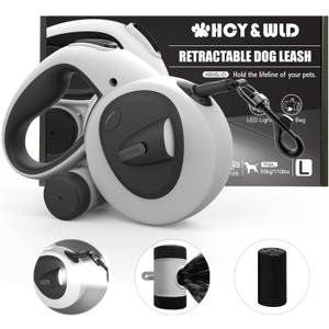 HCY&WLD Upgrade 4-in-1 Retractable Dog Leash with LED Light & Dispenser & Poop Bags, 16 ft Heavy Duty Dog Leash with Anti-Slip Handle for Dogs up to 110 lbs, 360 Tangle-Free, One Button Brake & Lock