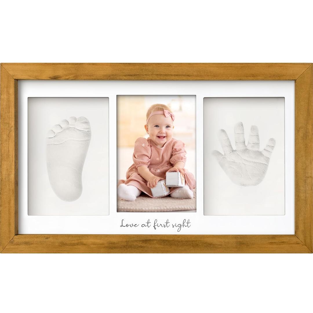 Baby Hand and Footprint Kit - Clay Handprint Keepsake Frame, Newborn Nursery Picture Frame, Personalized New Mom Gifts for Baby Shower & Registry (Golden Wheat) (Duo Frame, 13" x 7.9")