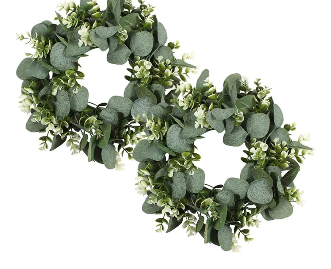 2PCS Artificial Eucalyptus Wreath, 11" Faux Green Leaves Wreath Farmhouse Greenery Wreath, Round Eucalyptus Wreath Outdoor Green Garland for Front Door Wall Hanging Window Decor