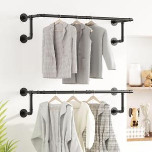 Industrial Pipe Clothes Racks 2 Pack, Black Pipe Wall Mounted Clothing Racks for Hanging Clothes, Space Saving Closet Hanging Rod for Laundry Room, Bedroom