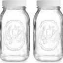 Regular Mouth Mason Jars 32 oz - (2 Pack) - Ball Regular Mouth 32-Ounces Quart Mason Jars with White M.E.M Food Storage Plastic Lids, Caps Fit Ball and Kerr Regular Mouth - For Storage, Freezing, Leak