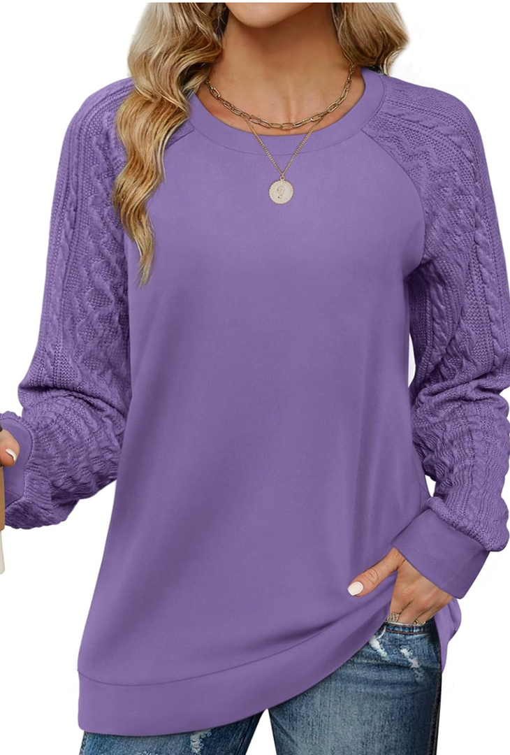 Saloogoe Sweatshirts for Women Crewneck Cable Knit Sleeve Sweaters Light, Large, Lavender 
